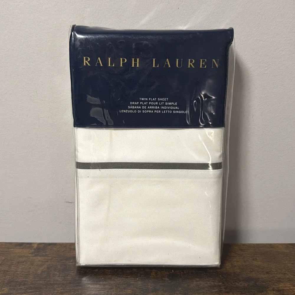 NEW Ralph Lauren Palmer Twin Flat Sheet White & Charcoal, 100% Cotton Percale